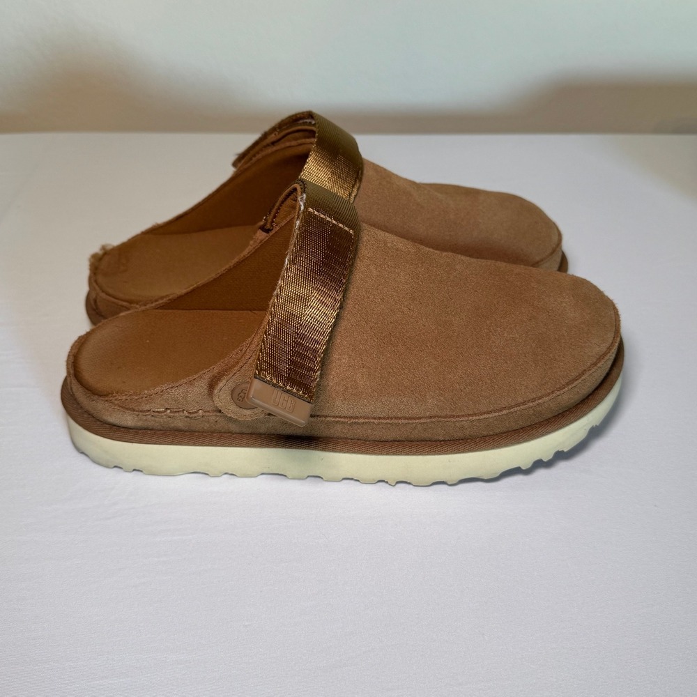 UGG Goldenstar Clog Chestnut Brown Suede Platform Swivel Strap 1138252 Womens 10